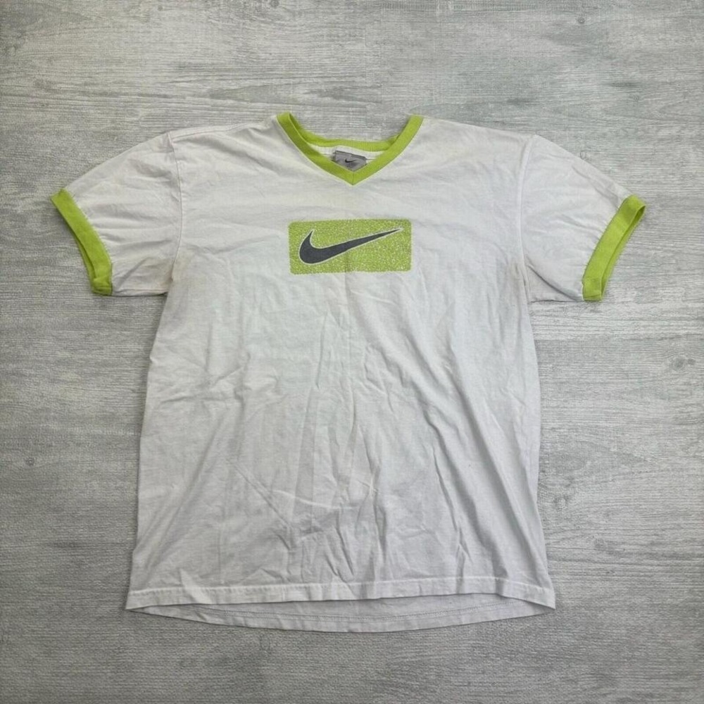 Vintage Nike Shirt Adult Large White Green V Neck Sportswear Center Logo